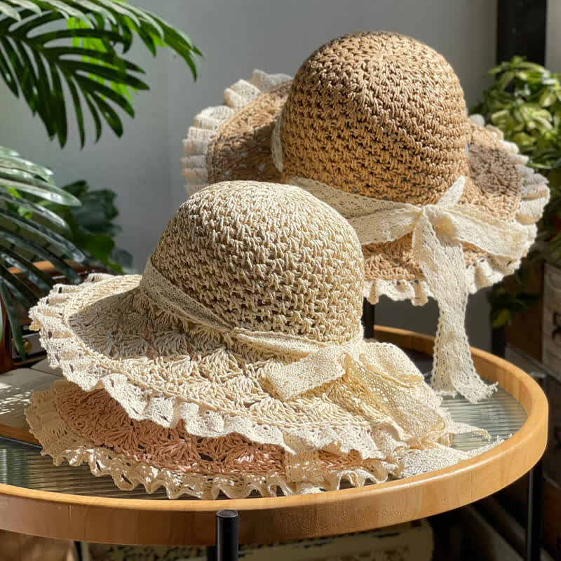 Sombrero de paja plegable de verano con ala de encaje y lazo hueco para mujer