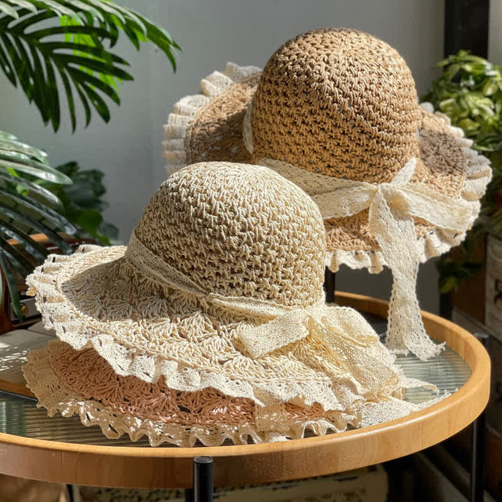 Sombrero de paja plegable de verano con ala de encaje y lazo hueco para mujer