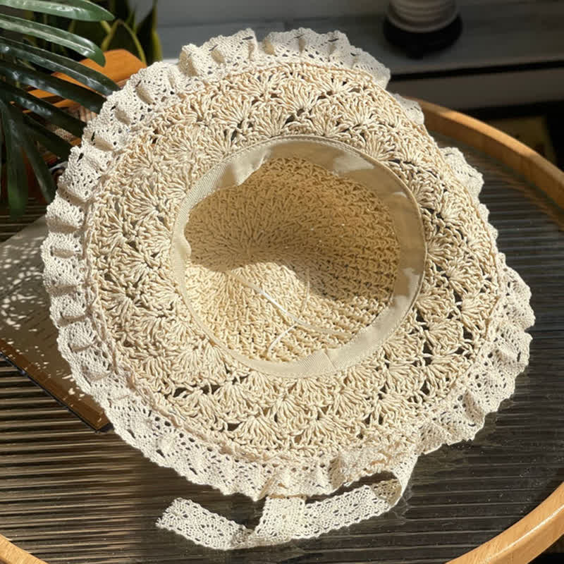 Sombrero de paja plegable de verano con ala de encaje y lazo hueco para mujer