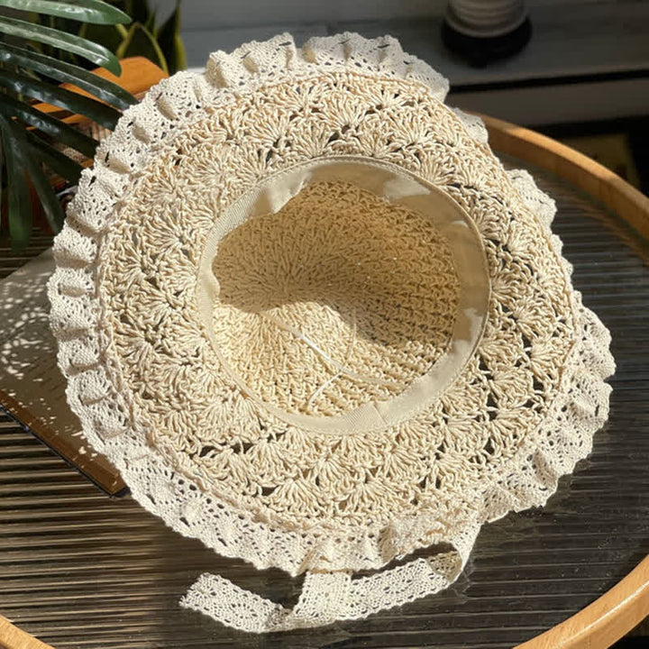 Sombrero de paja plegable de verano con ala de encaje y lazo hueco para mujer