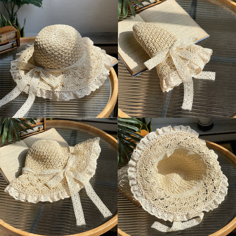 Sombrero de paja plegable de verano con ala de encaje y lazo hueco para mujer