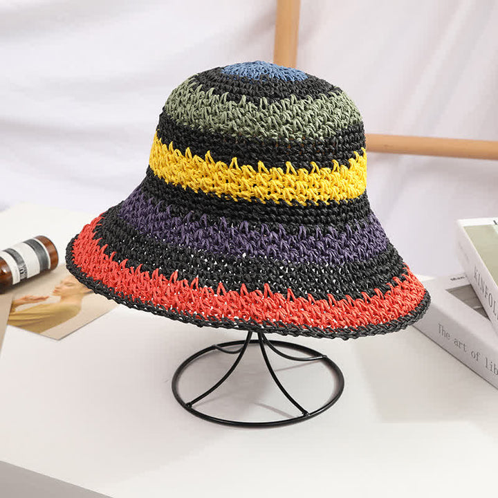 Sombrero de paja plegable con arcoíris colorido estilo bohemio para mujer