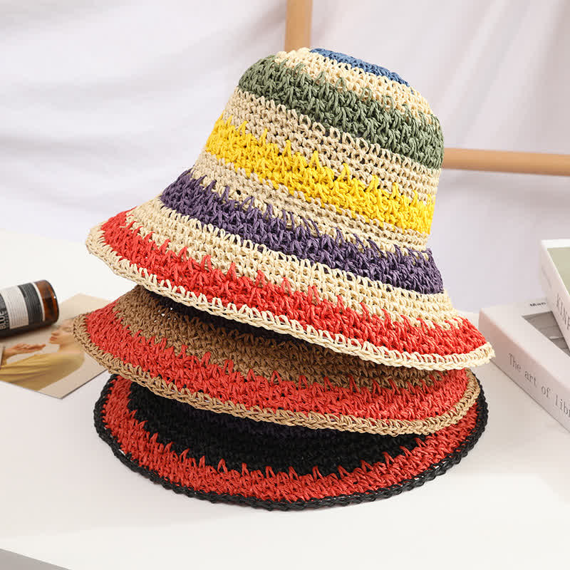 Sombrero de paja plegable con arcoíris colorido estilo bohemio para mujer
