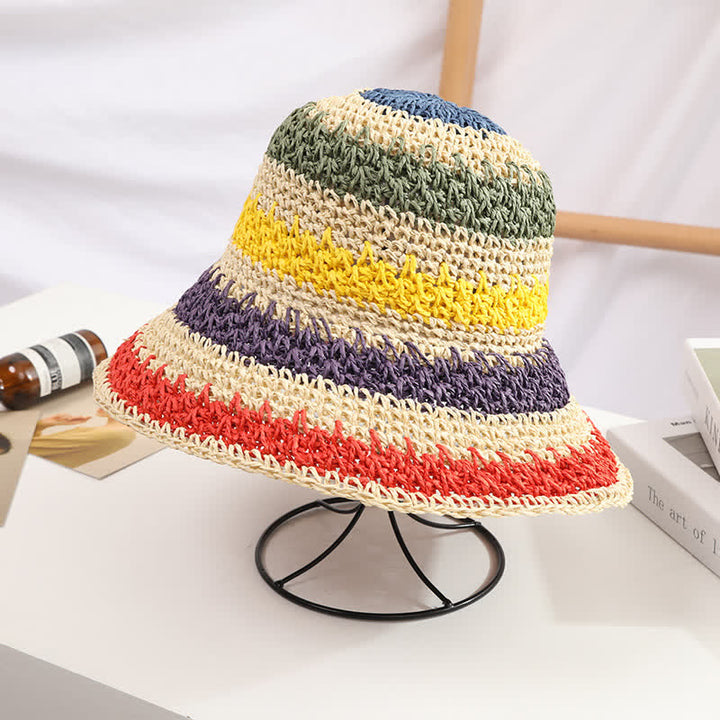 Sombrero de paja plegable con arcoíris colorido estilo bohemio para mujer