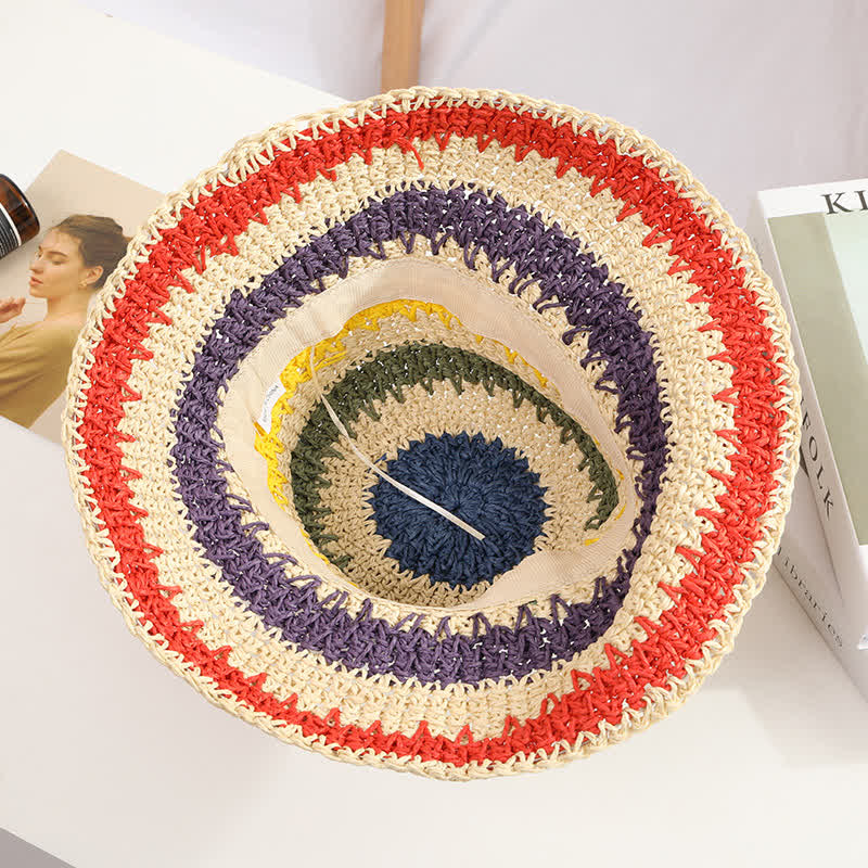 Sombrero de paja plegable con arcoíris colorido estilo bohemio para mujer