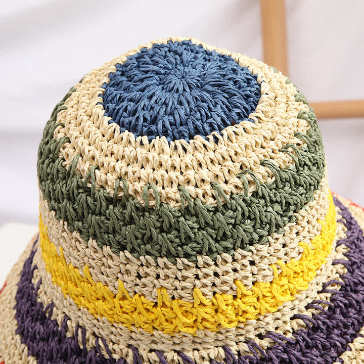 Sombrero de paja plegable con arcoíris colorido estilo bohemio para mujer