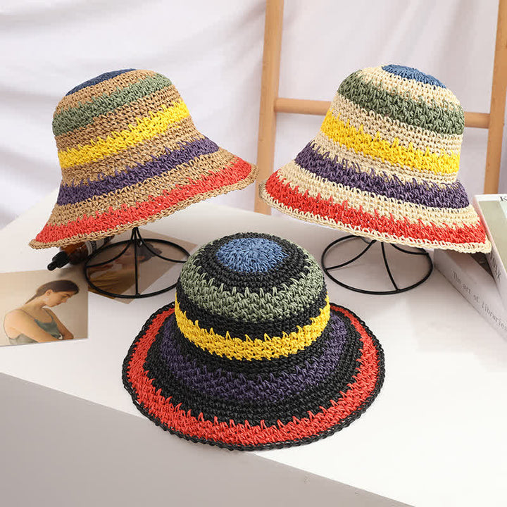 Sombrero de paja plegable con arcoíris colorido estilo bohemio para mujer