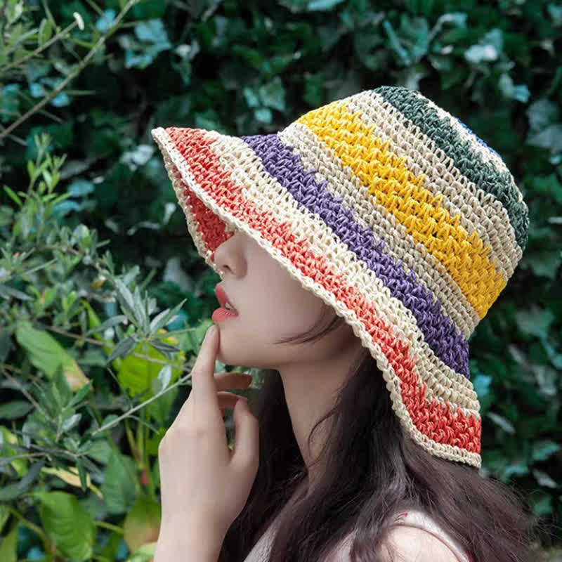 Sombrero de paja plegable con arcoíris colorido estilo bohemio para mujer