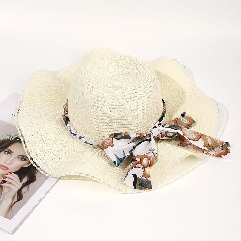 Sombrero de paja plegable con decoración de perlas y cinta de flores de verano para mujer