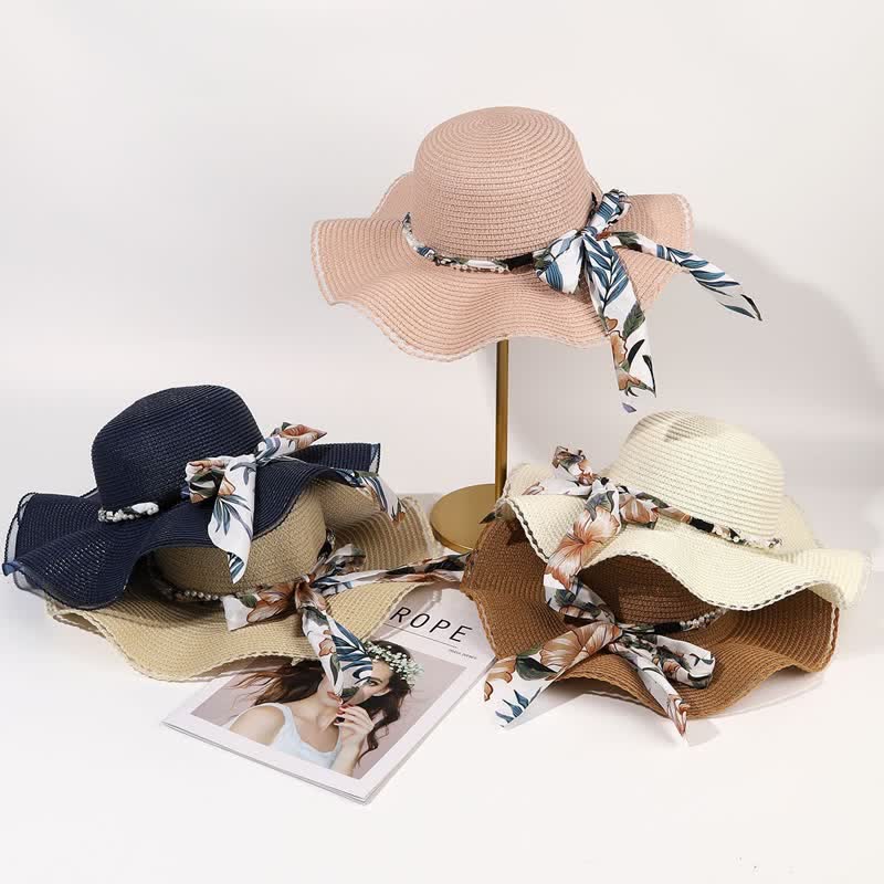 Sombrero de paja plegable con decoración de perlas y cinta de flores de verano para mujer