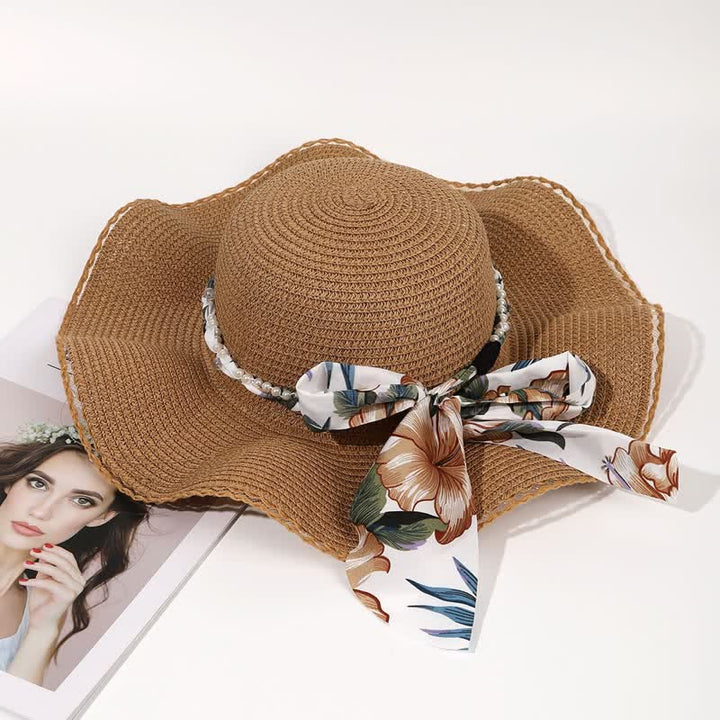 Sombrero de paja plegable con decoración de perlas y cinta de flores de verano para mujer