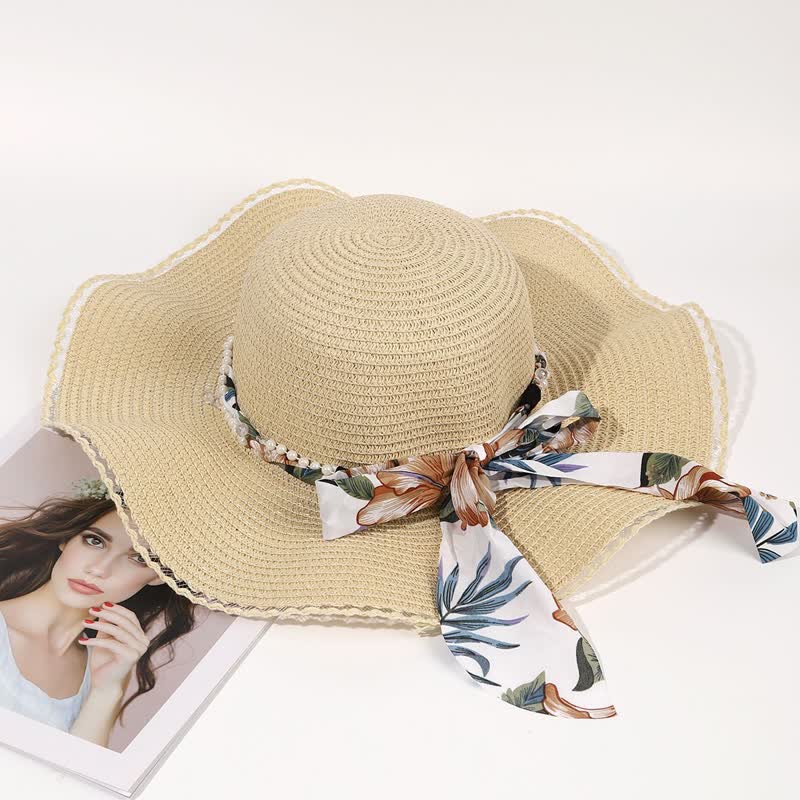 Sombrero de paja plegable con decoración de perlas y cinta de flores de verano para mujer
