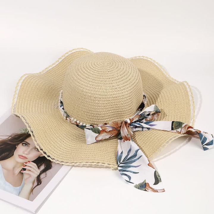 Sombrero de paja plegable con decoración de perlas y cinta de flores de verano para mujer