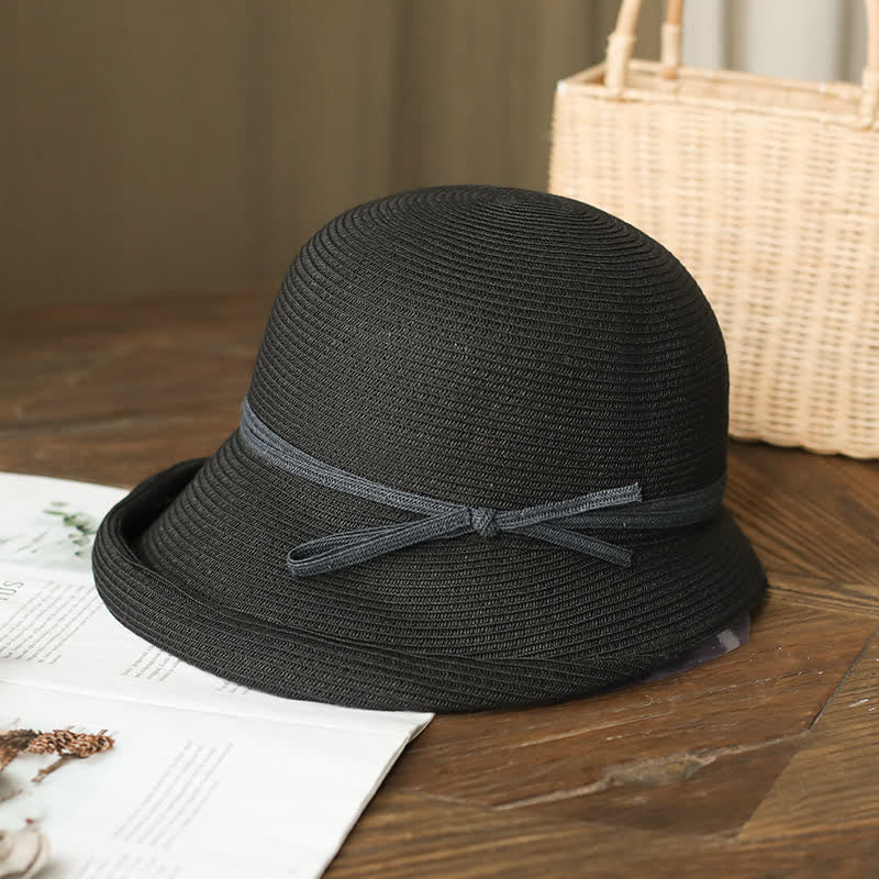 Sombrero de paja plegable con ala enrollada de estilo sencillo para mujer