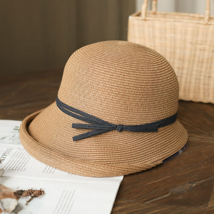 Sombrero de paja plegable con ala enrollada de estilo sencillo para mujer