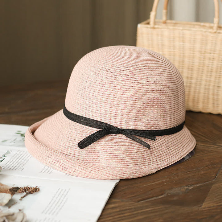 Sombrero de paja plegable con ala enrollada de estilo sencillo para mujer