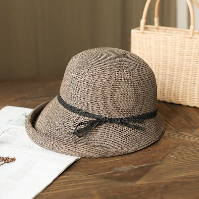 Sombrero de paja plegable con ala enrollada de estilo sencillo para mujer