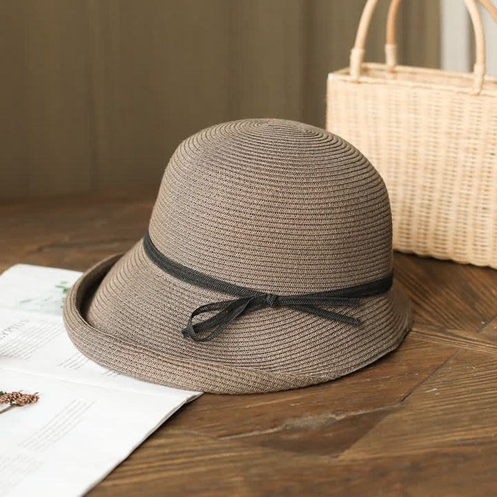 Sombrero de paja plegable con ala enrollada de estilo sencillo para mujer