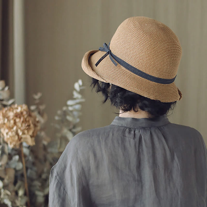 Sombrero de paja plegable con ala enrollada de estilo sencillo para mujer