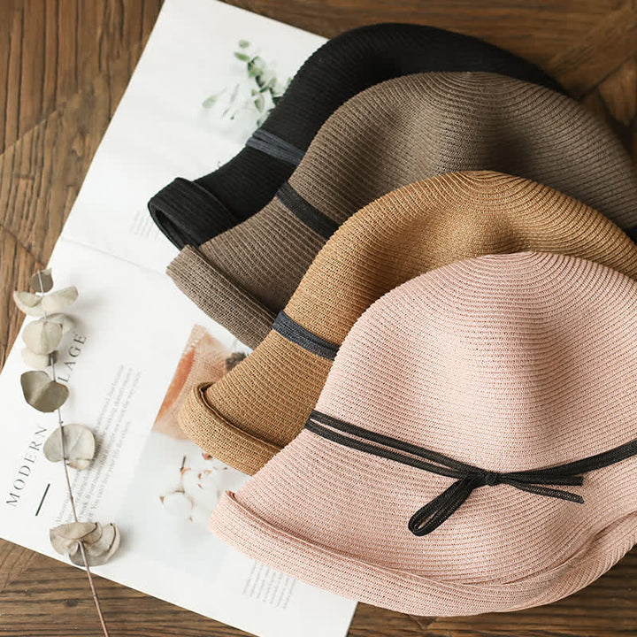 Sombrero de paja plegable con ala enrollada de estilo sencillo para mujer
