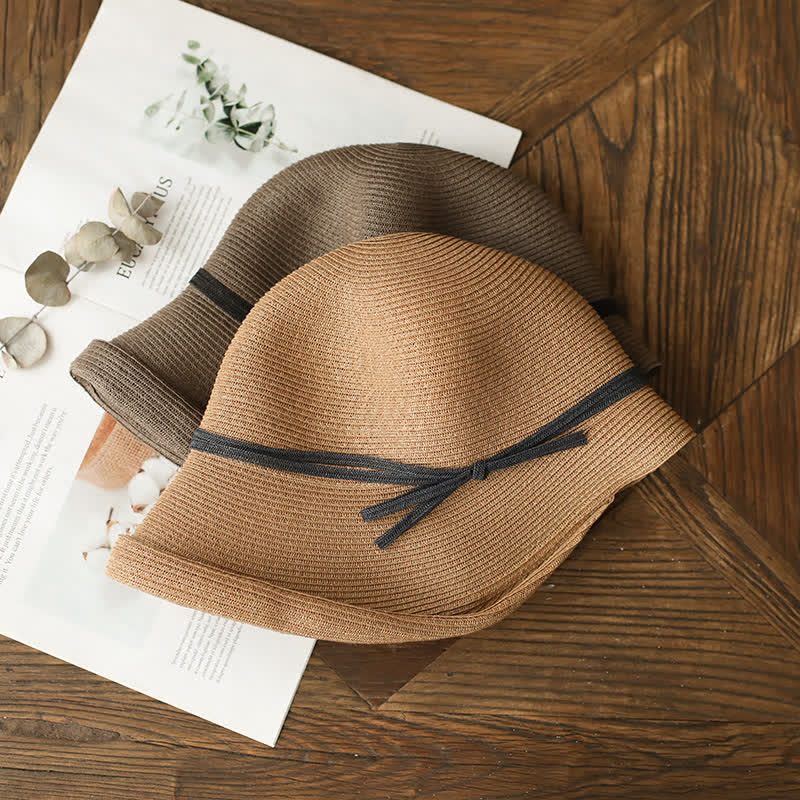 Sombrero de paja plegable con ala enrollada de estilo sencillo para mujer