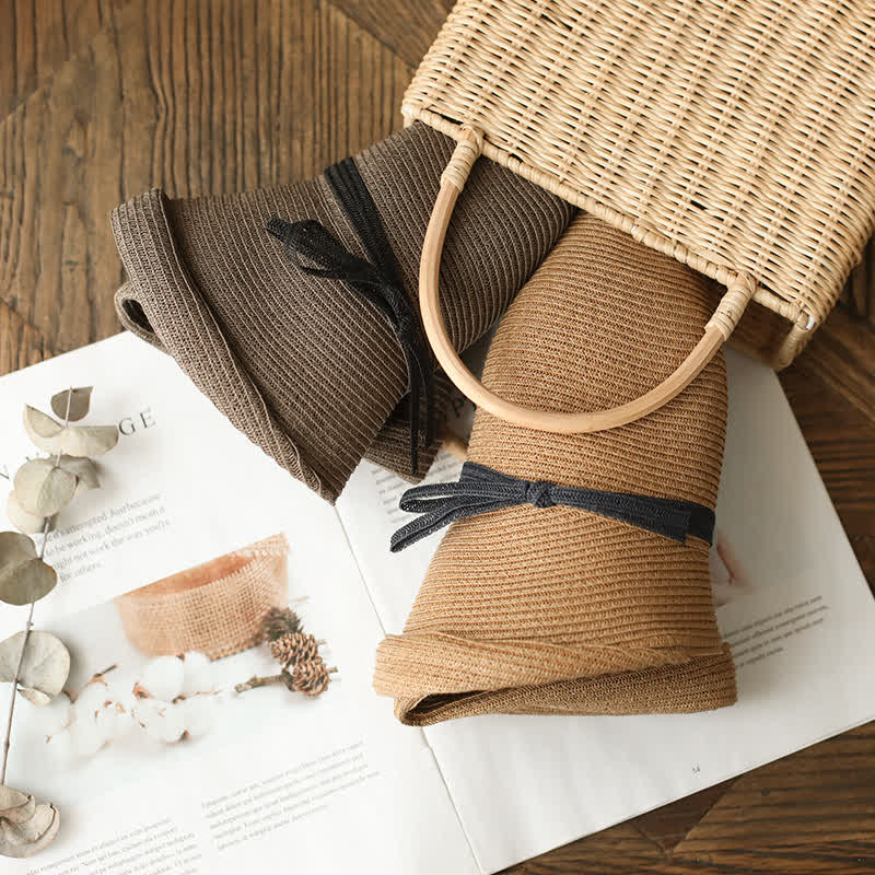 Sombrero de paja plegable con ala enrollada de estilo sencillo para mujer