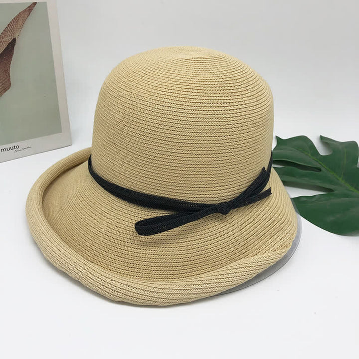 Sombrero de paja plegable con ala enrollada de estilo sencillo para mujer