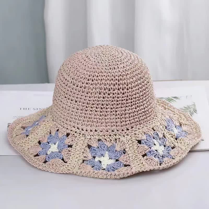 Sombrero de paja plegable con forma de cubo y crochet con flores tejidas para mujer