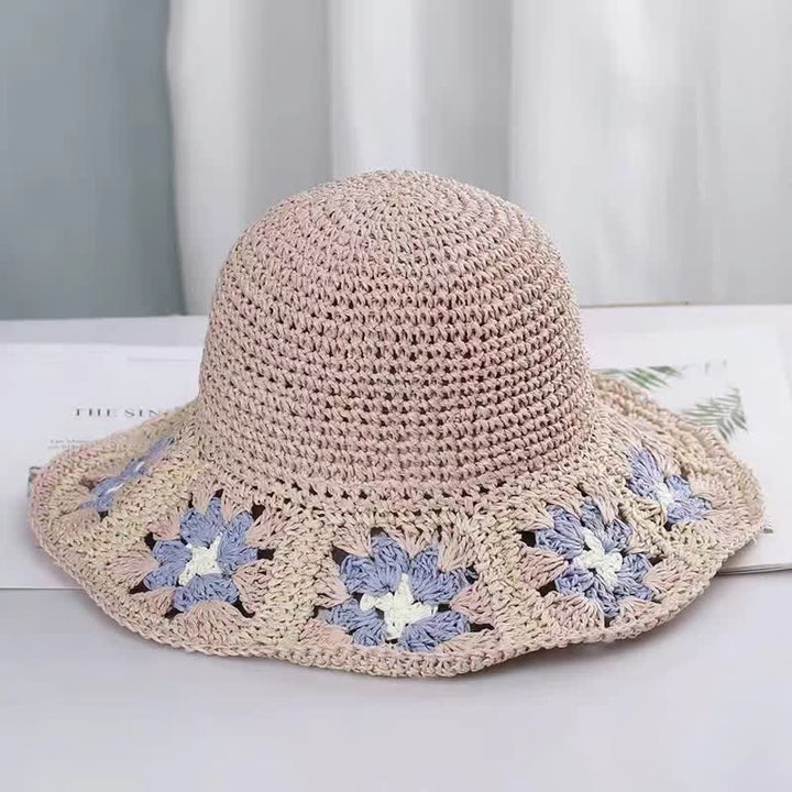 Sombrero de paja plegable con forma de cubo y crochet con flores tejidas para mujer