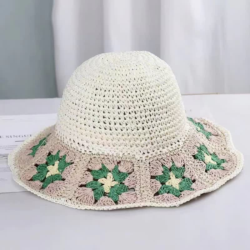 Sombrero de paja plegable con forma de cubo y crochet con flores tejidas para mujer