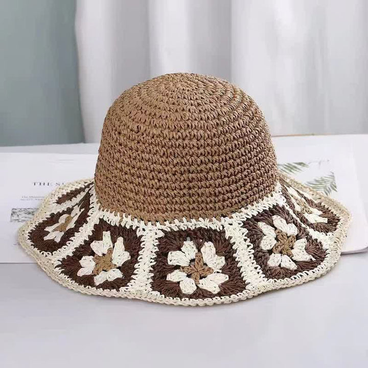 Sombrero de paja plegable con forma de cubo y crochet con flores tejidas para mujer