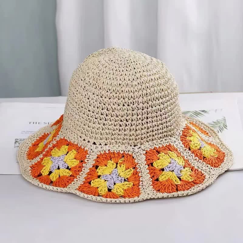 Sombrero de paja plegable con forma de cubo y crochet con flores tejidas para mujer