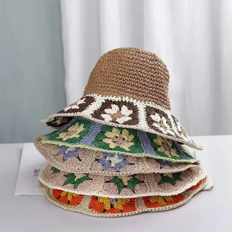 Sombrero de paja plegable con forma de cubo y crochet con flores tejidas para mujer