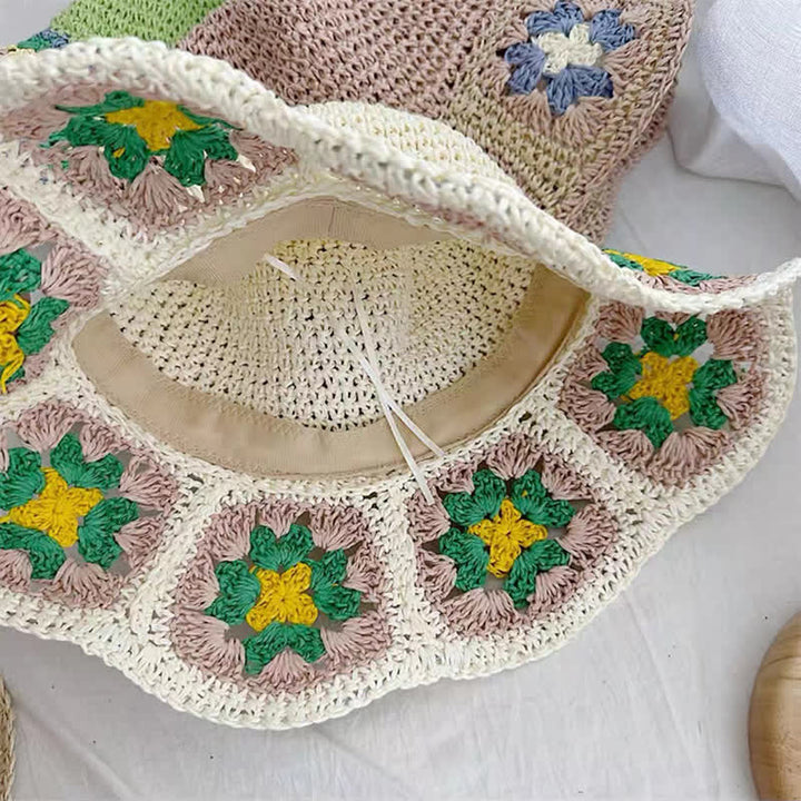 Sombrero de paja plegable con forma de cubo y crochet con flores tejidas para mujer