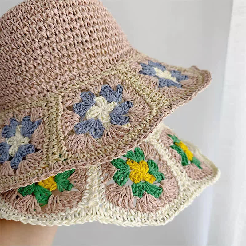 Sombrero de paja plegable con forma de cubo y crochet con flores tejidas para mujer