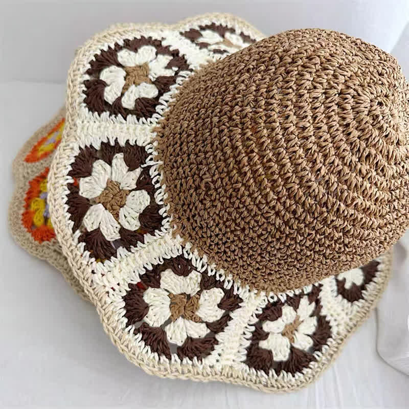 Sombrero de paja plegable con forma de cubo y crochet con flores tejidas para mujer