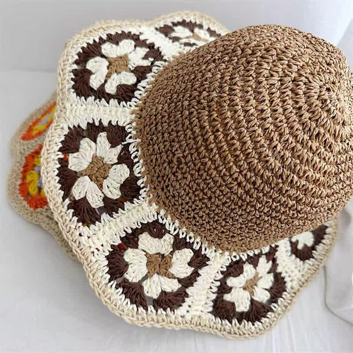 Sombrero de paja plegable con forma de cubo y crochet con flores tejidas para mujer