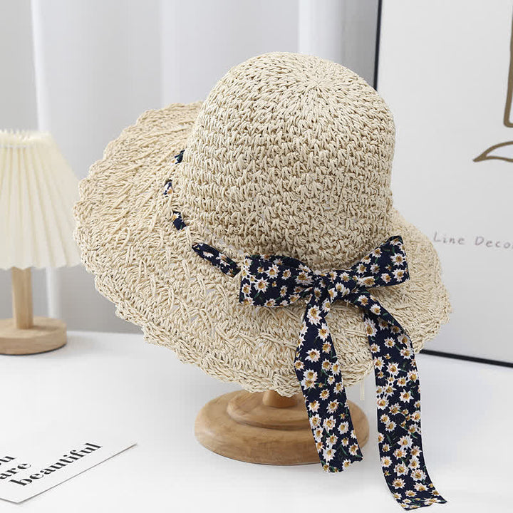 Sombrero de paja plegable con decoración de cinta floral pequeña para mujer
