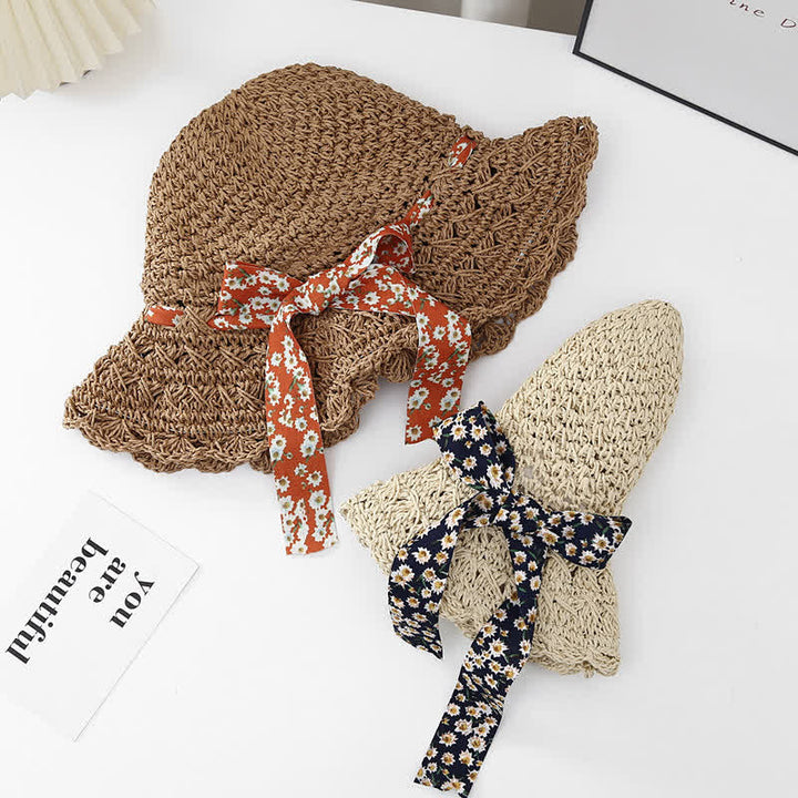 Sombrero de paja plegable con decoración de cinta floral pequeña para mujer