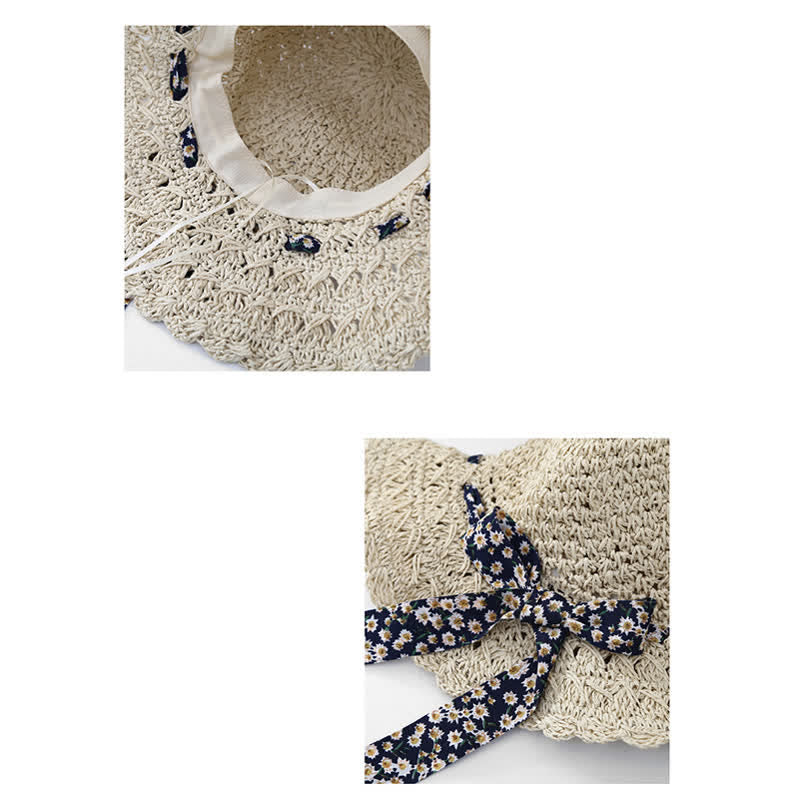 Sombrero de paja plegable con decoración de cinta floral pequeña para mujer