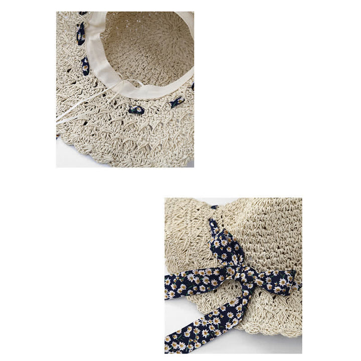 Sombrero de paja plegable con decoración de cinta floral pequeña para mujer