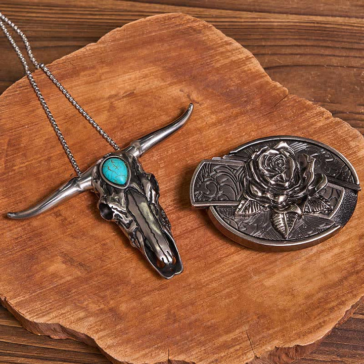 Práctico conjunto de colgante de toro de cuernos largos turquesa con hebilla de cuchillo oculta para armar uno mismo