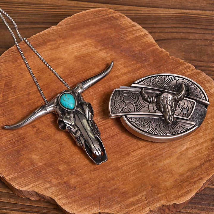 Práctico conjunto de colgante de toro de cuernos largos turquesa con hebilla de cuchillo oculta para armar uno mismo