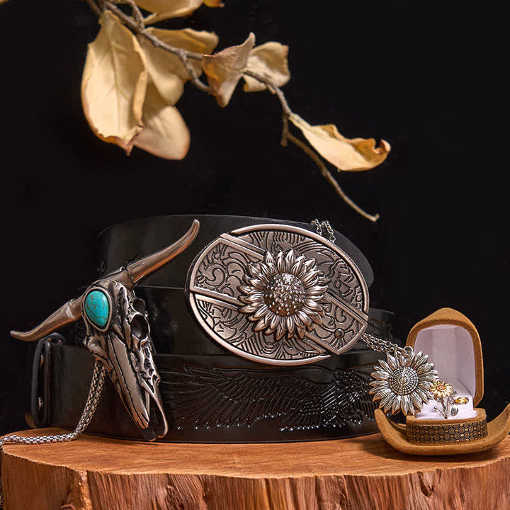 Conjunto de hebilla de cinturón con colgante de toro turquesa y cuchillo oculto con diseño de girasol (PREVENTA) - Girasol - Cinturón de águila negra en relieve - 42 - image 0