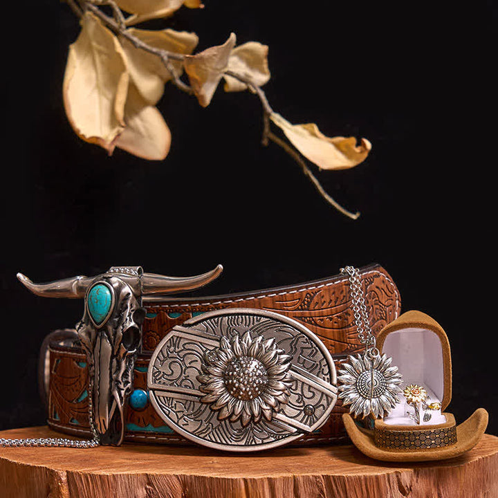Conjunto de hebilla de cinturón con colgante de toro turquesa y cuchillo oculto con diseño de girasol (PREVENTA) - Girasol - Cinturón tallado en turquesa - 42 - image 6