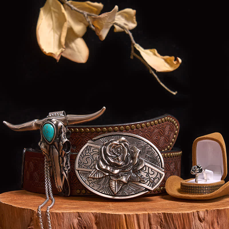 Conjunto de hebilla de cinturón con colgante de toro turquesa y cuchillo oculto con temática de rosas (PREVENTA) - Rosa - Cinturón con remaches marrones - 42 - image 7