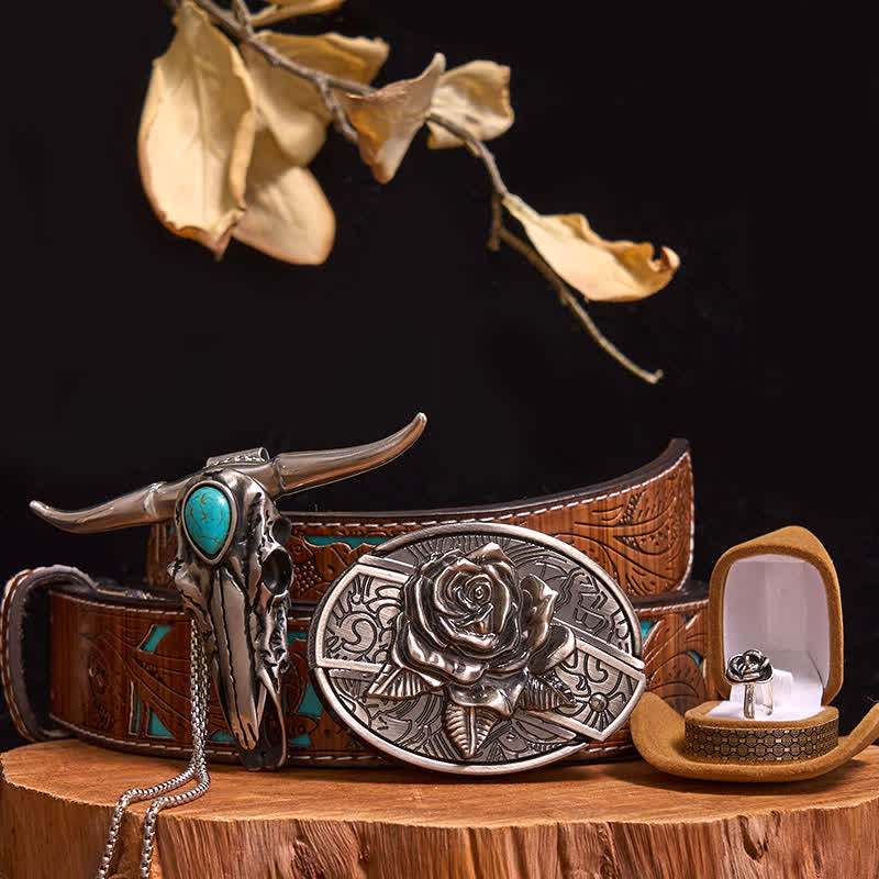 Conjunto de hebilla de cinturón con colgante de toro turquesa y cuchillo oculto con temática de rosas (PREVENTA) - Rosa - Cinturón tallado en turquesa - 42 - image 6