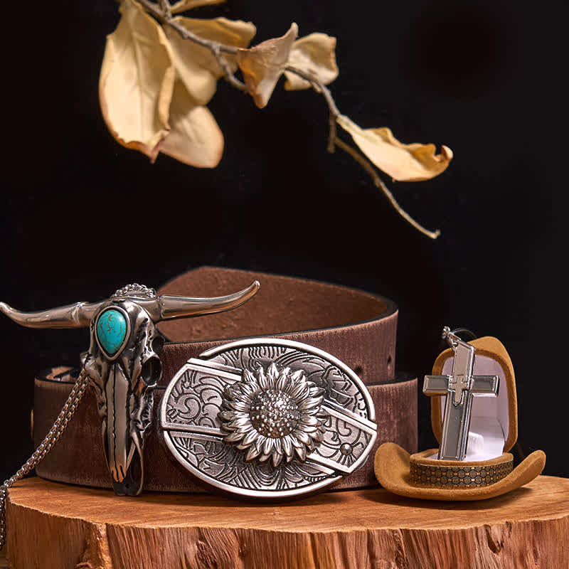 Conjunto de collar con colgante de toro turquesa y hebilla de cinturón con cuchillo oculto (preventa) - Girasol - Cinturón marrón desgastado - 42 - image 0