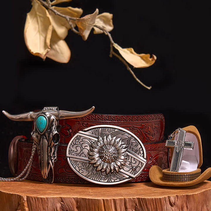 Conjunto de collar con colgante de toro turquesa y hebilla de cinturón con cuchillo oculto (preventa) - Girasol - Cinturón tallado marrón - 42 - image 10