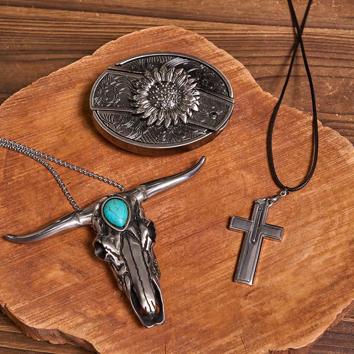 Conjunto de collar con colgante de cruz y cuchillo oculto con hebilla de cinturón y toro turquesa